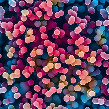 Colorful abstract cocci bacterium, seamless texture and background. Neural network generated in January 2024. Not based on any actual scene or pattern.