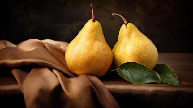 Fresh ripe organic yellow pears with water drops on rustic wooden board AI