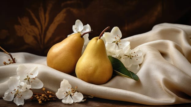 Fresh ripe organic yellow pears with water drops on rustic wooden board AI