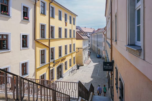 Bratislava, Slovakia, August 25, 2023: View from the stairs to Klariska street in the old town in summer