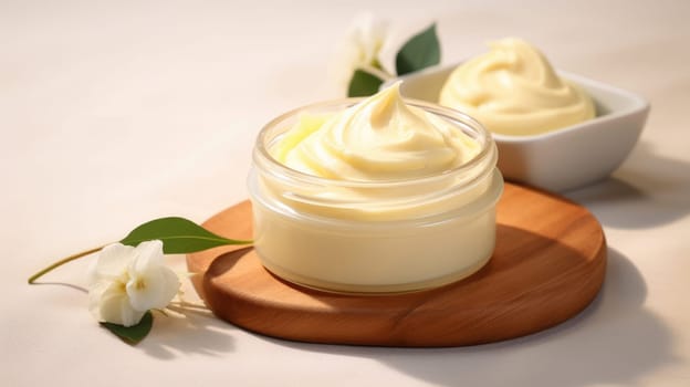 Concept of skin care cosmetics. Cream with extract of Shea butter AI