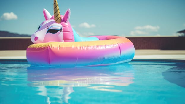 An inflatable mattress in the shape of unicorn on the surface of the pool. Summer AI