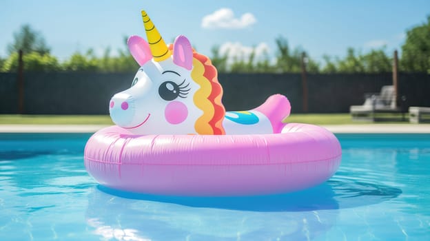 An inflatable mattress in the shape of unicorn on the surface of the pool. Summer AI