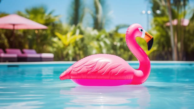 An inflatable pink flamingo on the surface of the pool. Summer AI