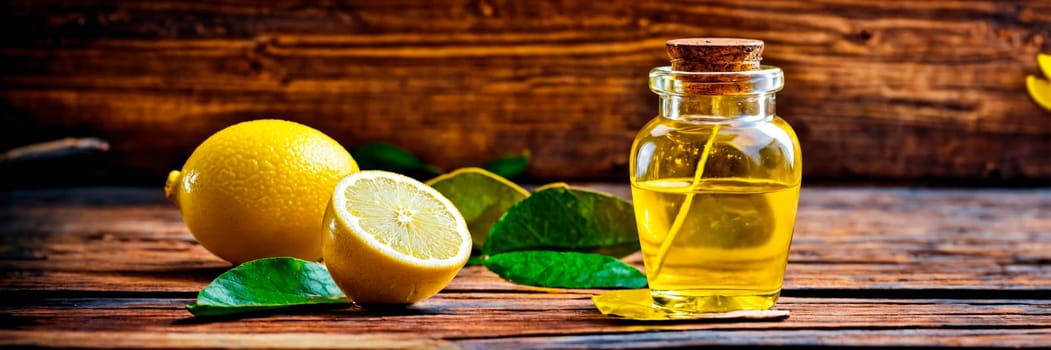 lemon essential oil in bottles. Selective focus. nature.