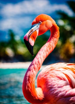 pink flamingo on the seashore. Selective focus. animal.