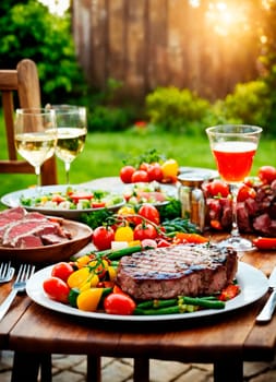 table with food in the yard. Selective focus. food.