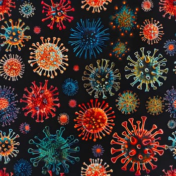 Seamless texture and background of microscopic view of coronaviruses. Neural network generated in January 2024. Not based on any actual scene or pattern.