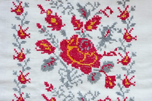 Close up of Ukrainian folk embroidery, ethnic patterns.