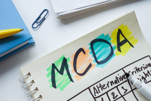 Notepad with chart MCDA Multi-criteria decision analysis.