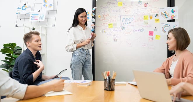 Young beautiful leader presents marketing strategy while expert investor and project manager lecturing to analyze business performance at start up business meeting. Multiethnic group. Immaculate.