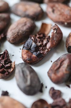 Closeup cocoa roasted beans. Shallow dof.