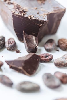 Cocoa beans with chocolate on a white background. Shalllow dof. Top view