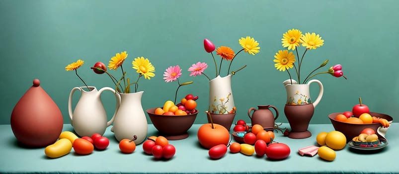 Whimsical still life. Creative and whimsical still life compositions with everyday objects, focusing on playful arrangements, color contrasts, and storytelling elements. Generative AI.