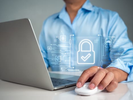 Businessman using computer secure encryption technology, cybersecurity privacy of data protection, security Internet access, security encryption of user private data, business confidentiality.