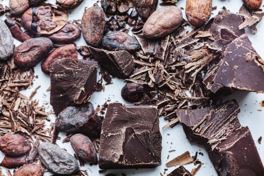 Cocoa beans with chocolate on a white background. Shalllow dof. Top view