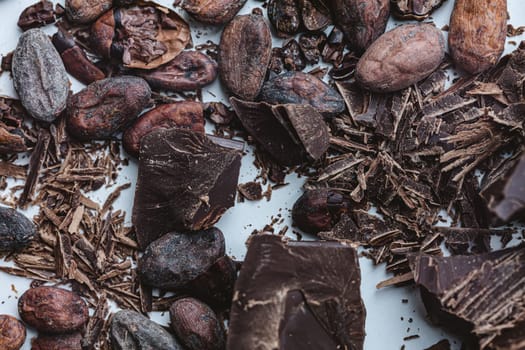 Cocoa beans with chocolate on a white background. Shalllow dof. Top view