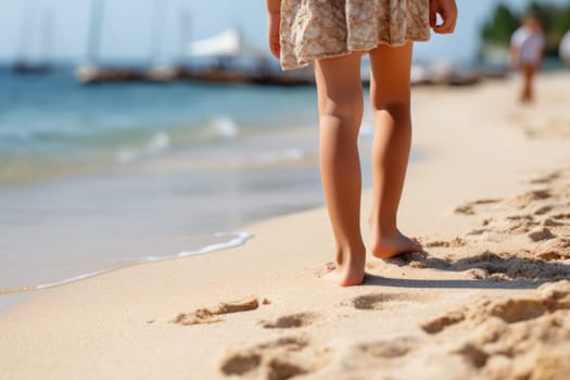 child feet standing on sandy beach . ai generated