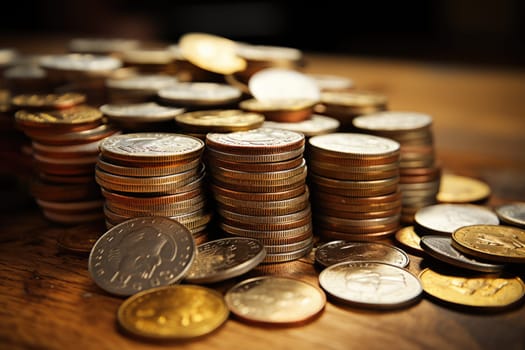 Set of gold coins on wooden background. ai generated