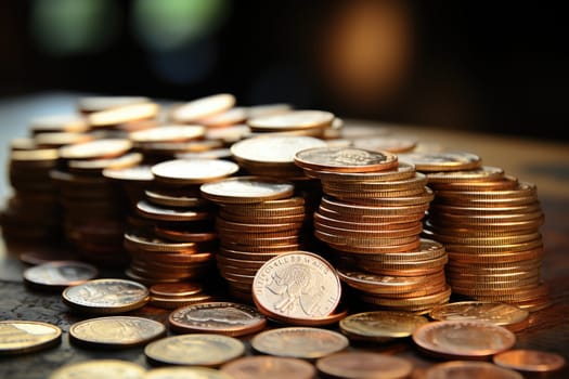 Set of gold coins on wooden background. ai generated
