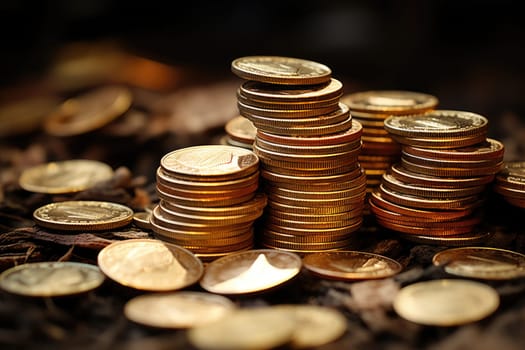Set of gold coins isolated on background in different positions. ai generated