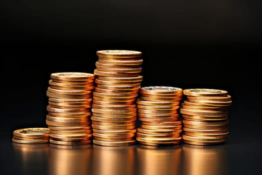 Set of gold coins isolated on black background in different positions. ai generated