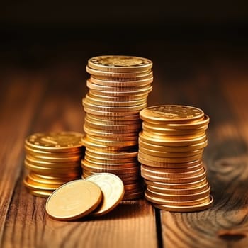 Set of gold coins on wooden background. ai generated
