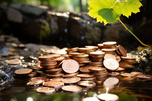 Set of gold coins isolated on background in different positions outdoors. ai generated