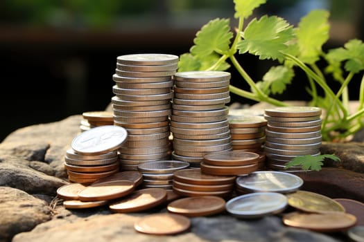 Set of gold coins isolated on background in different positions outdoors. ai generated