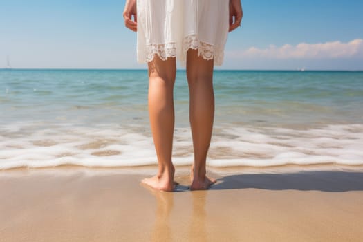 child feet standing on sandy beach . ai generated