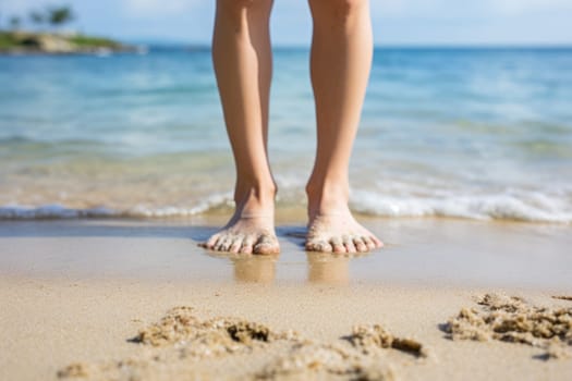 child feet standing on sandy beach . ai generated