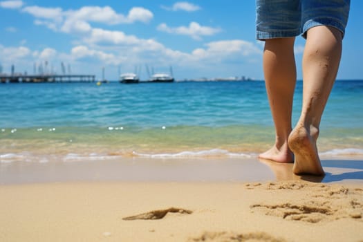 child feet standing on sandy beach . ai generated