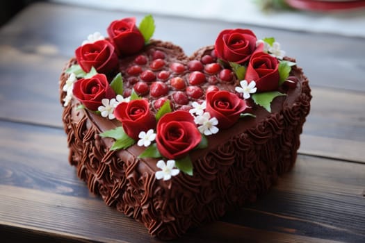 heart shaped cake with chocolate and berries. ai generated