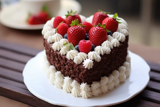 heart shaped cake with chocolate and berries. ai generated