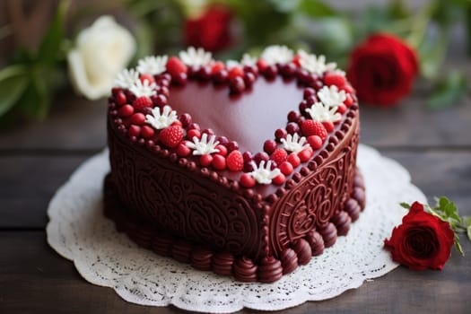 heart shaped cake with chocolate and berries. ai generated