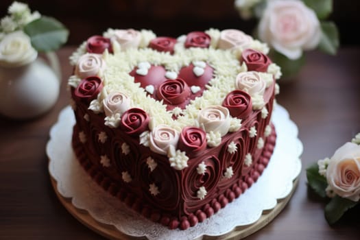 heart shaped cake with chocolate and berries. ai generated