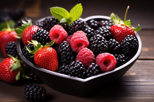 Ceramic bowl with blueberries, strawberries and blackberries on rustic background. heart shape plate of berries. ai generated