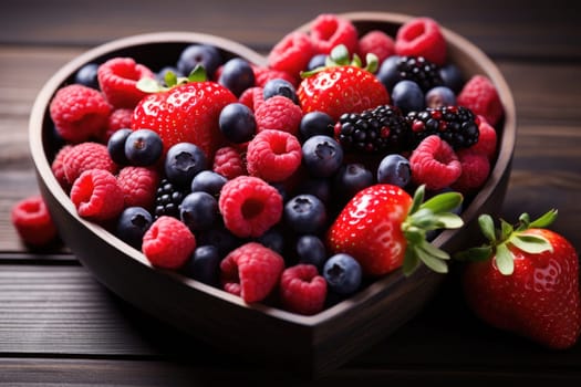 Ceramic bowl with blueberries, strawberries and blackberries on rustic background. heart shape plate of berries. ai generated