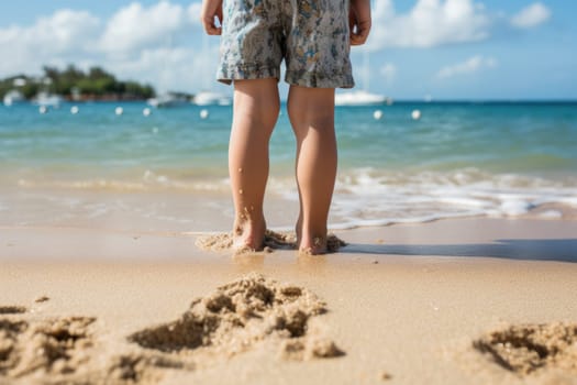 child feet standing on sandy beach . ai generated