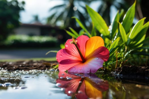 beautiful rainbow flowers on wet ground after rain. ai generated