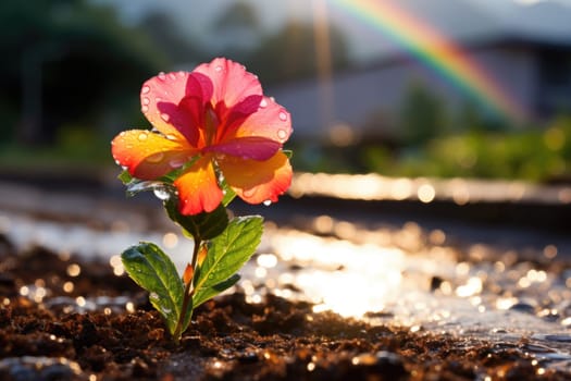 beautiful rainbow flowers on wet ground after rain. ai generated