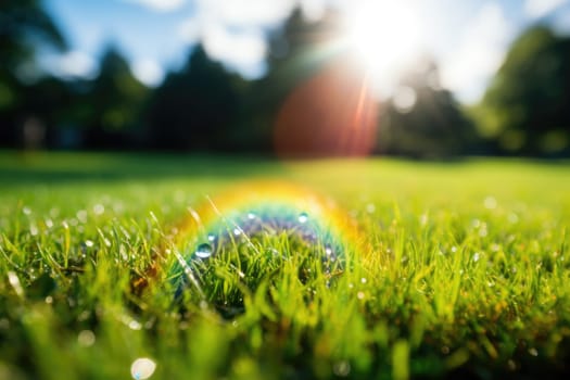 rainbow flowers and grass with droplets of water on wet ground after rain. ai generated