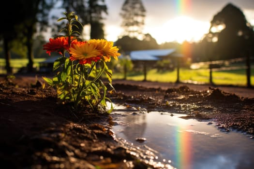 beautiful rainbow flowers on wet ground after rain. ai generated