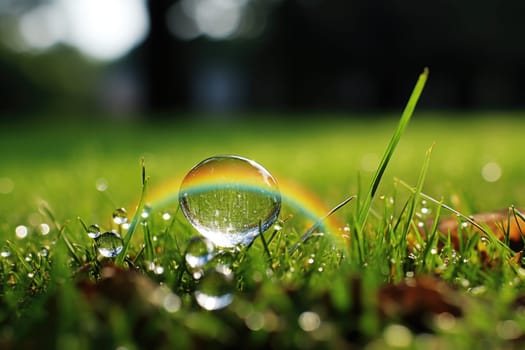 rainbow flowers and grass with droplets of water on wet ground after rain. ai generated