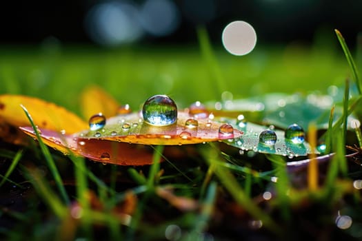 rainbow flowers and grass with droplets of water on wet ground after rain. ai generated
