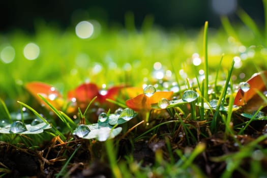 rainbow flowers and grass with droplets of water on wet ground after rain. ai generated
