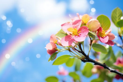 beautiful rainbow flowers on sky background after rain. ai generated
