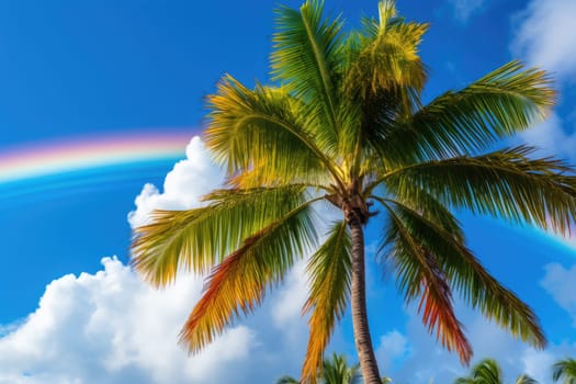 beautiful rainbow palm on sky background after rain. ai generated