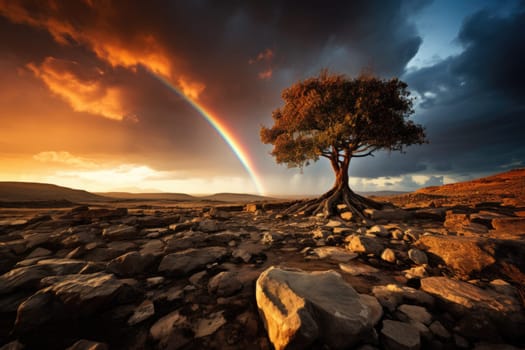 beautiful landscape with rainbow and tree. ai generated