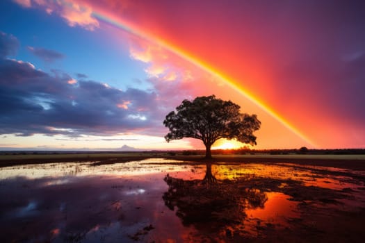 beautiful landscape with rainbow and tree. ai generated